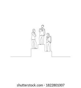 Continuous line drawing of three business people on the podium and achieving success in business competition. 