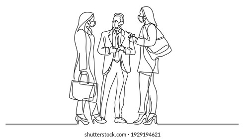 Continuous Line Drawing Of Three Business Professionals Standing Discussion Wearing Face Masks