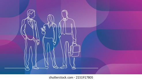 dibujo de línea continua de tres profesionales de negocios que hablan