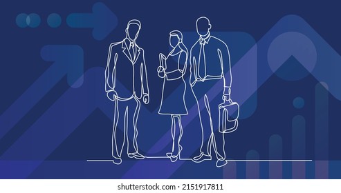 dibujo de línea continua de tres profesionales de negocios confiados