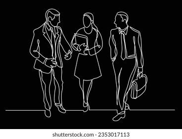 continuous line drawing of three business professionals walking talking