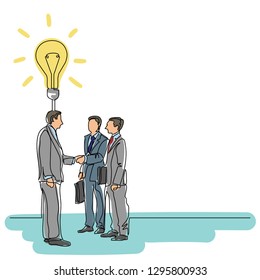 continuous line drawing of three businessmen with great idea