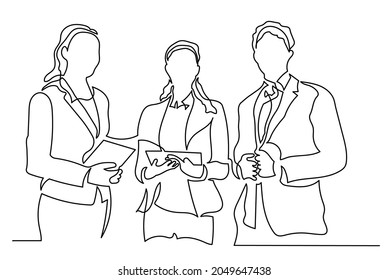 Continuous line drawing of three businessmen team standing straight. Teamwork concept, brainstorming, victory.