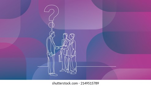 continuous line drawing of three businessmen with a question