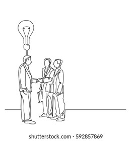 continuous line drawing of three businessmen with great idea