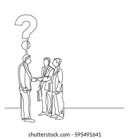 continuous line drawing of three businessmen with a question