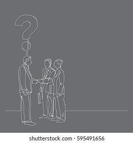continuous line drawing of three businessmen with a question