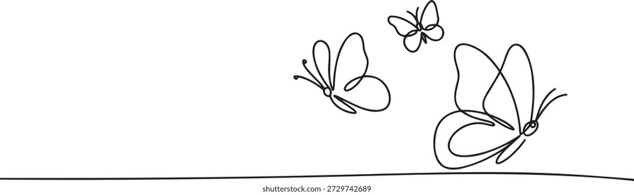 Continuous line drawing of three butterflies fluttering in the air. Minimalist insects silhouette design for summer and nature themes. Simple black outline of flying creatures on transparent background. Creative linear vector illustration for wildlife and freedom concepts.