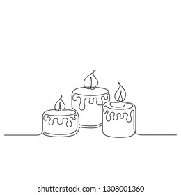 Continuous line drawing. Three candles. Black isolated on white background. Hand drawn vector illustration. 