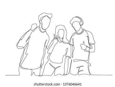 Continuous line drawing of three cheering guys, happy team members. vector illustrations