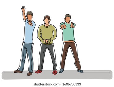 continuous line drawing of three cheering guys