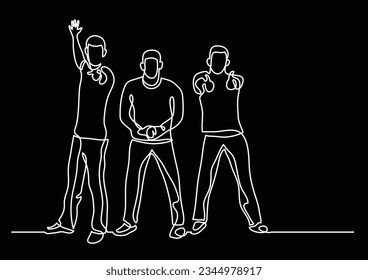 continuous line drawing of three cheering guys
