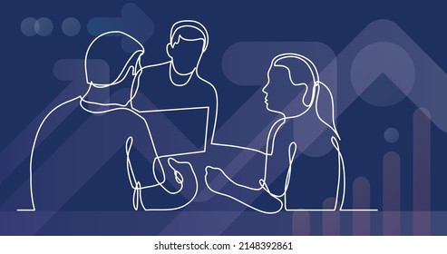 continuous line drawing of three coworkers discussing