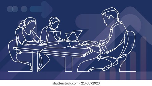 dibujo de línea continua de tres compañeros de trabajo que trabajan en laptops