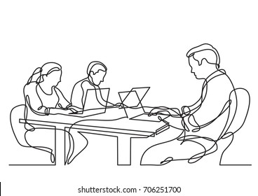 continuous line drawing of three coworkers working on laptops