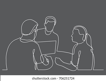 continuous line drawing of three coworkers discussing