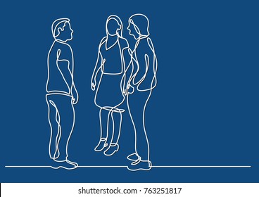 continuous line drawing of three coworkers standing and talking