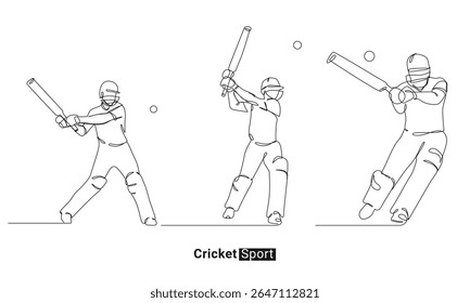 Continuous line drawing of three cricket players in different batting poses, capturing the dynamic motion and intensity of the sport.