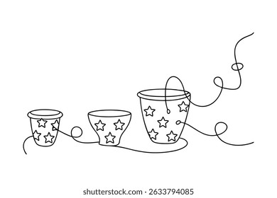 Continuous line drawing of three cups decorated with stars against a white background