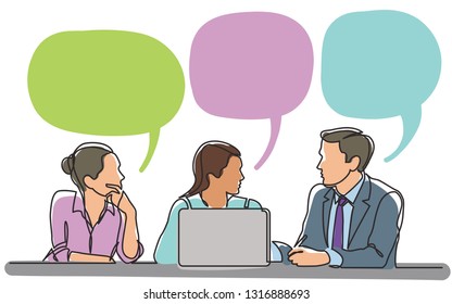continuous line drawing of three employees talking about work