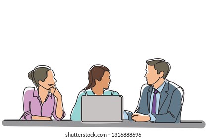 continuous line drawing of three employees talking about work