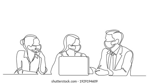 continuous line drawing three employees talking about work wearing face masks