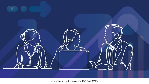 dibujo de línea continua de tres empleados hablando de trabajo