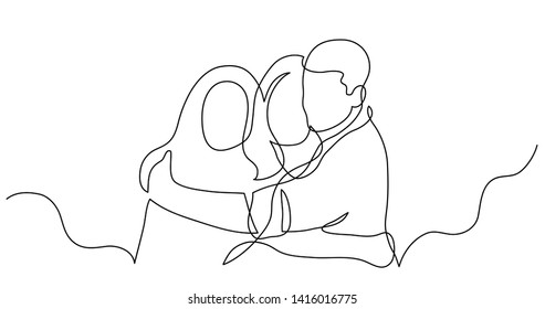 Continuous Line Drawing Of Three Friends Hugging Each Other