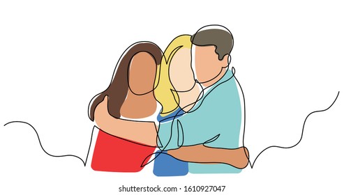 continuous line drawing of three friends hugging each other