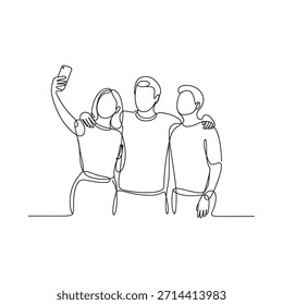 Un dibujo de línea continua de tres amigos tomando un selfie juntos