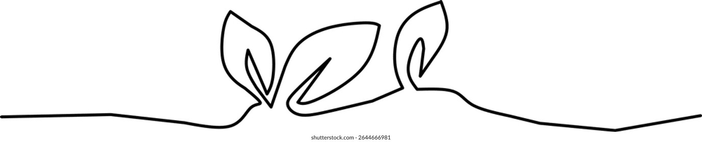 continuous line drawing of three growing leaves sprouting from soil. A minimalist eco-friendly design symbolizing growth, nature, and environmental sustainability.