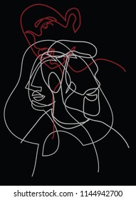 Continuous line, drawing of three heads, three faces, mans and woman, ligt gray and red on black, minimalist, vector
