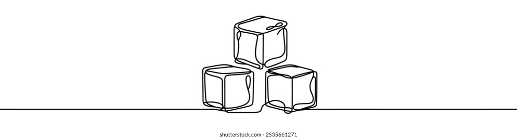 Continuous line drawing of three ice cubes melting on a surface. Vector illustration.