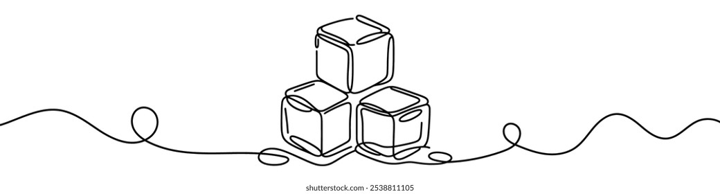 Continuous line drawing of three ice cubes melting on a surface. Vector illustration.