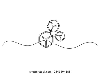 Continuous line drawing of three ice cubes melting on a surface. Vector illustration