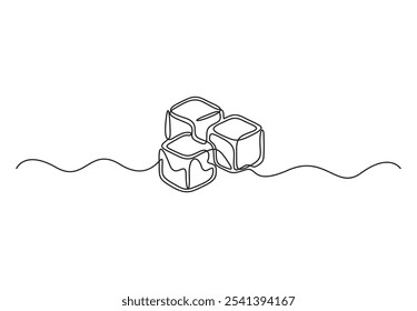 Continuous line drawing of three ice cubes melting on a surface. Vector illustration