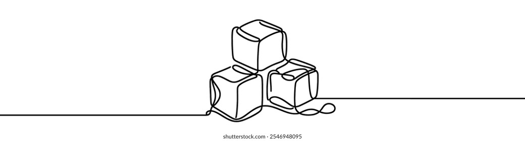 Continuous line drawing of three ice cubes melting on a surface. Vector illustration.