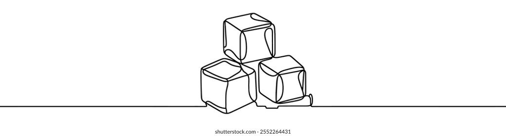 Continuous line drawing of three ice cubes melting on a surface. Vector illustration.