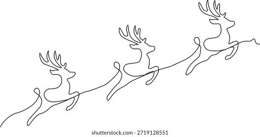 Dibujo de línea continua de tres renos saltando. Minimalista Arte vectorial de Festiva. Una línea de renos trío ilustración. Arte elegante simple de la línea de la Navidad en el fondo blanco.