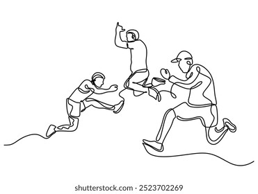 Continuous line drawing of three men jumping together. A dynamic representation of joy and energy. Vector illustration.