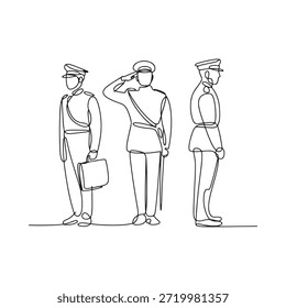 Desenho de linha contínua de três oficiais militares em saudação uniforme e em pé