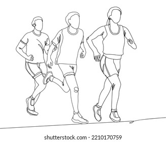 Continuous line drawing of three people jogging together. Hand drawn single line vector illustration