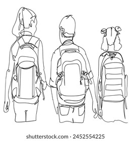 Continuous line drawing. Three people with backpacks in a simple line drawing
