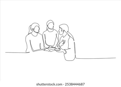 Un dibujo de línea continua de tres personas involucradas en la conversación.