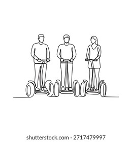 Desenho de linha contínua de três pessoas montando scooters elétricos de autoequilíbrio