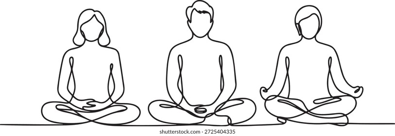 Dibujo continuo de tres personas meditando en posición de loto. Ilustración vectorial minimalista de la práctica de yoga. Dibujo de arte lineal simple de meditación en grupo para la relajación. Obra de arte lineal Abstractas de zen y concepto de atención plena.