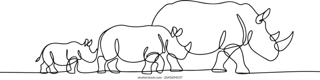 Continuous line drawing of three rhinoceroses walking in profile, minimalist black and white animal art

