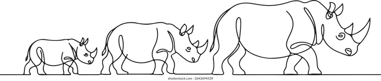 Continuous line drawing of three rhinoceroses walking in profile, minimalist black and white animal art

