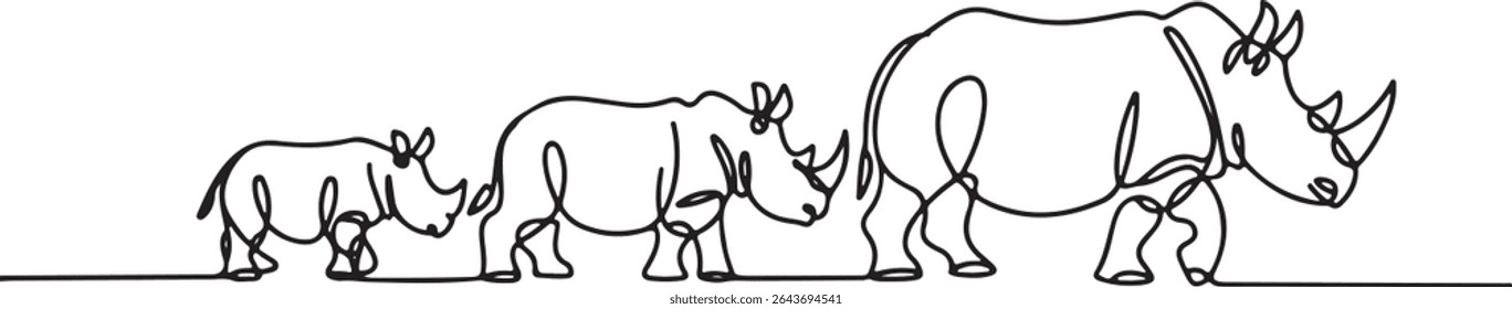 Continuous line drawing of three rhinoceroses walking in profile, minimalist black and white animal art

