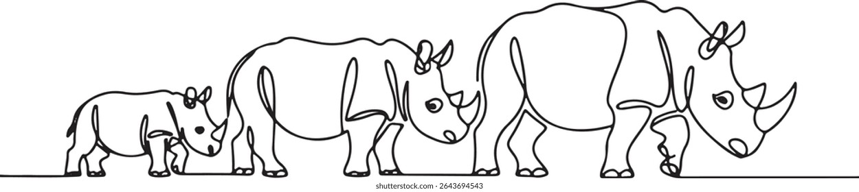 Continuous line drawing of three rhinoceroses walking in profile, minimalist black and white animal art

